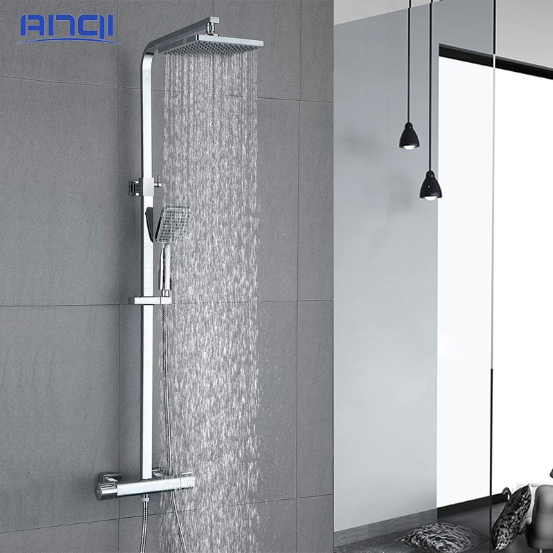 Thermostatic Mixer Shower Set with 8 Inches Overhead Rain and Handheld Square Shower Soft Spray Pattern System