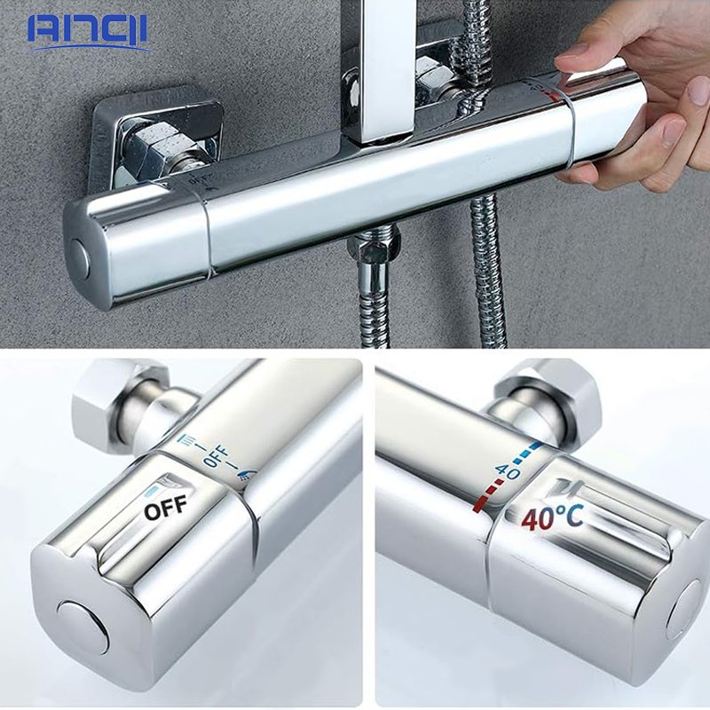 Thermostatic Mixer Shower Set with 8 Inches Overhead Rain and Handheld Square Shower Soft Spray Pattern System