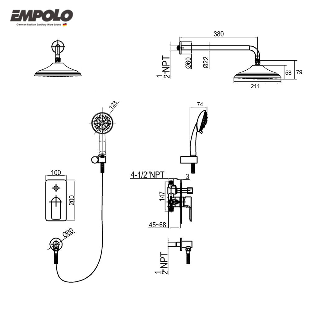 Empolo UPC Certified Chrome Wall Mounted Brass Bathroom Shower Faucet
