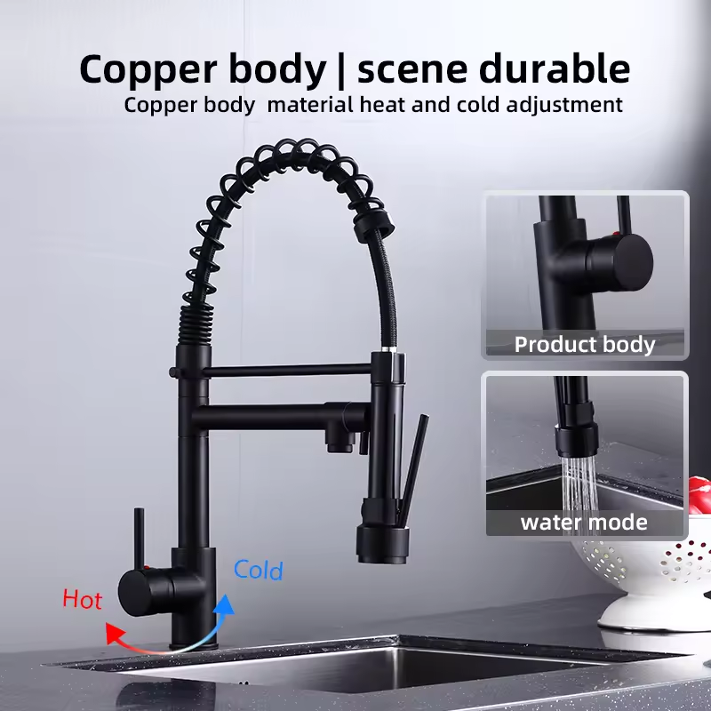 Luxury Matt Black Pullout Kitchen Faucet Single Handle Sink Tap with Pull down Sprayer Ceramic Valve Core Limited Cold Function