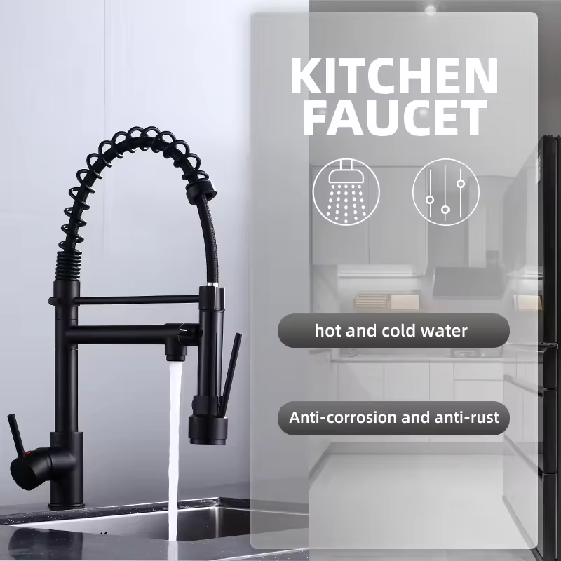 Luxury Matt Black Pullout Kitchen Faucet Single Handle Sink Tap with Pull down Sprayer Ceramic Valve Core Limited Cold Function