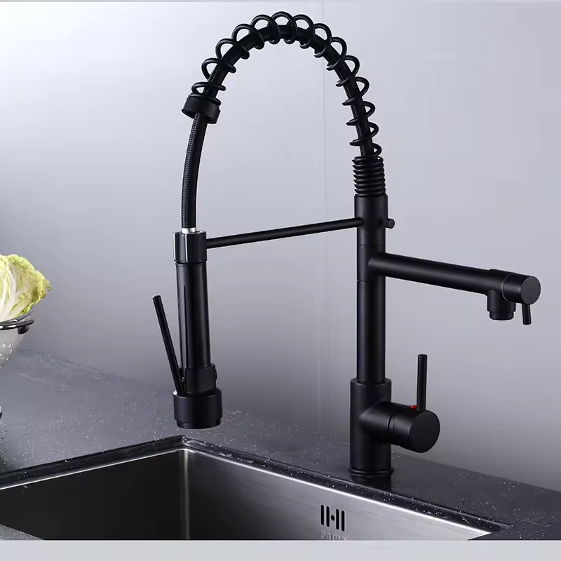 Luxury Matt Black Pullout Kitchen Faucet Single Handle Sink Tap with Pull down Sprayer Ceramic Valve Core Limited Cold Function