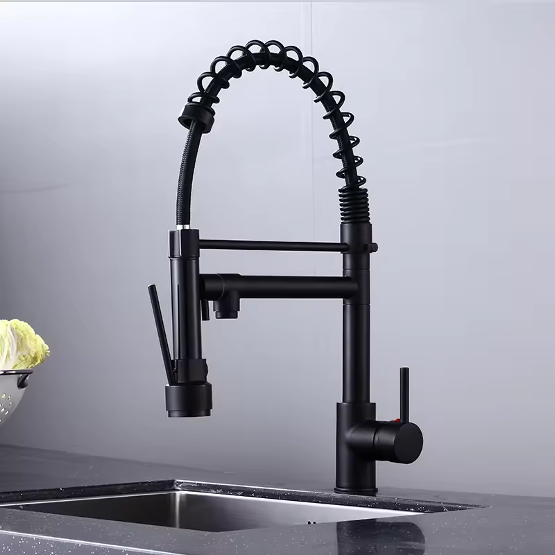 Luxury Matt Black Pullout Kitchen Faucet Single Handle Sink Tap with Pull down Sprayer Ceramic Valve Core Limited Cold Function