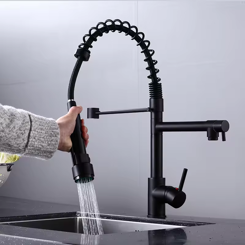 Luxury Matt Black Pullout Kitchen Faucet Single Handle Sink Tap with Pull down Sprayer Ceramic Valve Core Limited Cold Function