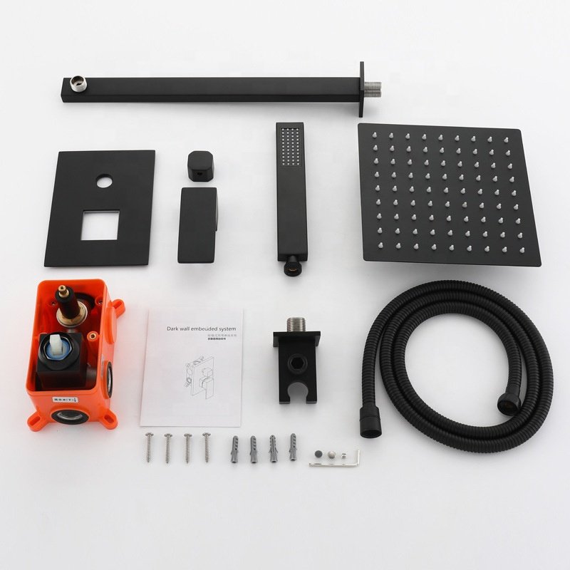 Square 304 Stainless Steel In-Wall Faucet Shower Set Black Concealed Rain Shower System with Hand Spray