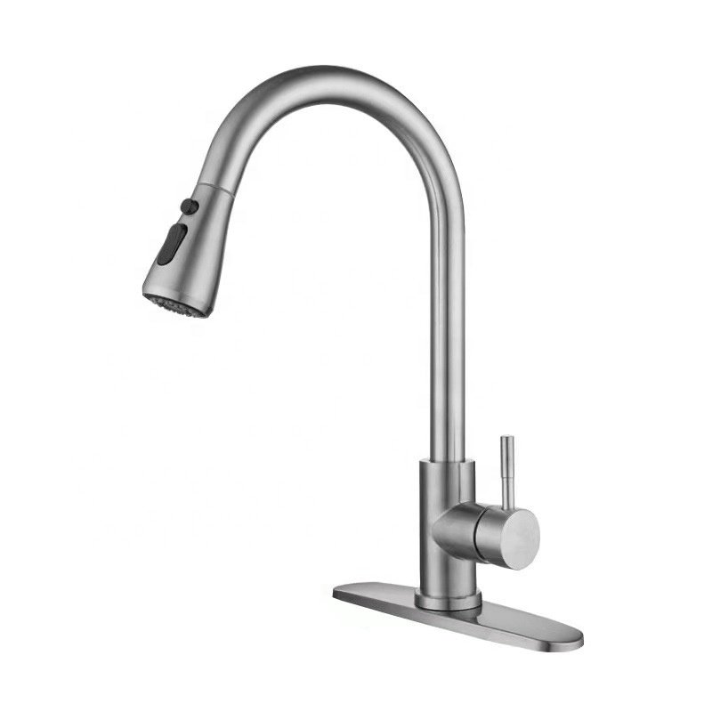 Modern Stainless Steel Kitchen Faucet 304 Deck Mounted Water Tap with Pull Out Sprayer Single-Hole Sink Hot Cold Mixer Function