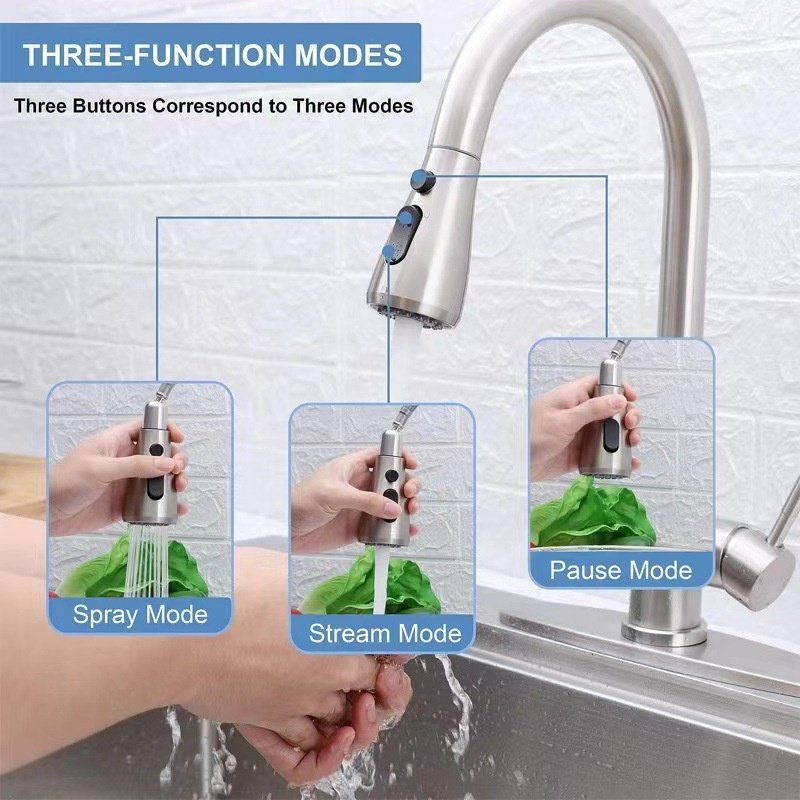 Modern Stainless Steel Kitchen Faucet 304 Deck Mounted Water Tap with Pull Out Sprayer Single-Hole Sink Hot Cold Mixer Function