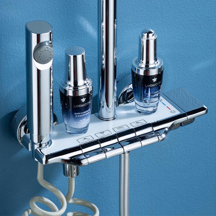 Hotel Brass Bathroom Wall Mount Chrome Shower Set Piano Keypad 4 Way Rain Shower Faucet System SS-1299-Soft Spray Brushed