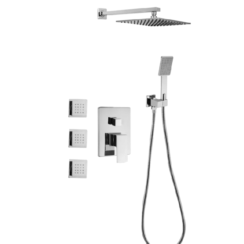 Chrome Plated 3 function Wall Mounted Shower Set Bathroom square Rainfall Shower concealed shower set