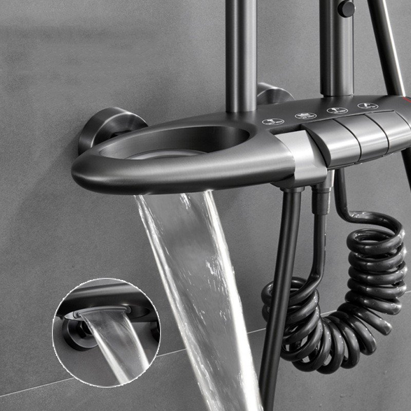 Wall Mounted Exposed UFO Style Main Brass Plus Spray Gun Color Matching 4-Functions Piano Keys Push Shower System Set