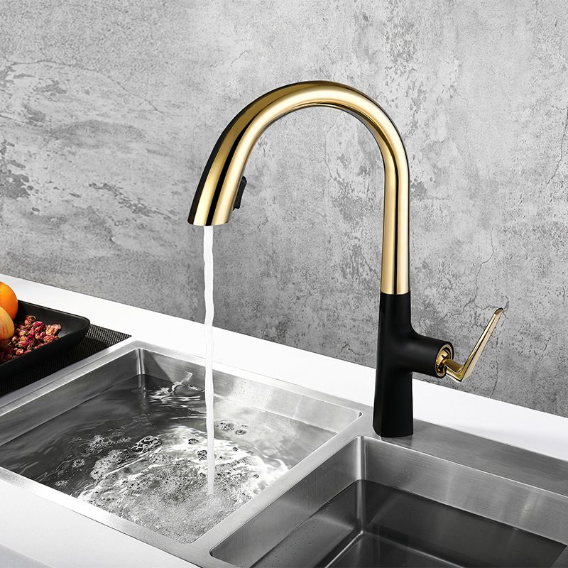 Modern Single-Handle Brass Kitchen Faucet Deck Mounted Ceramic Valve Core Pull-Down Sprayer Black faucet