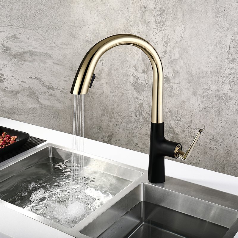 Modern Single-Handle Brass Kitchen Faucet Deck Mounted Ceramic Valve Core Pull-Down Sprayer Black faucet
