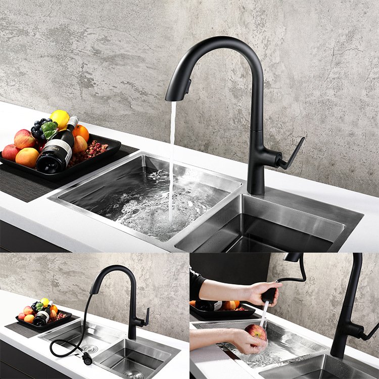 Modern Single-Handle Brass Kitchen Faucet Deck Mounted Ceramic Valve Core Pull-Down Sprayer Black faucet