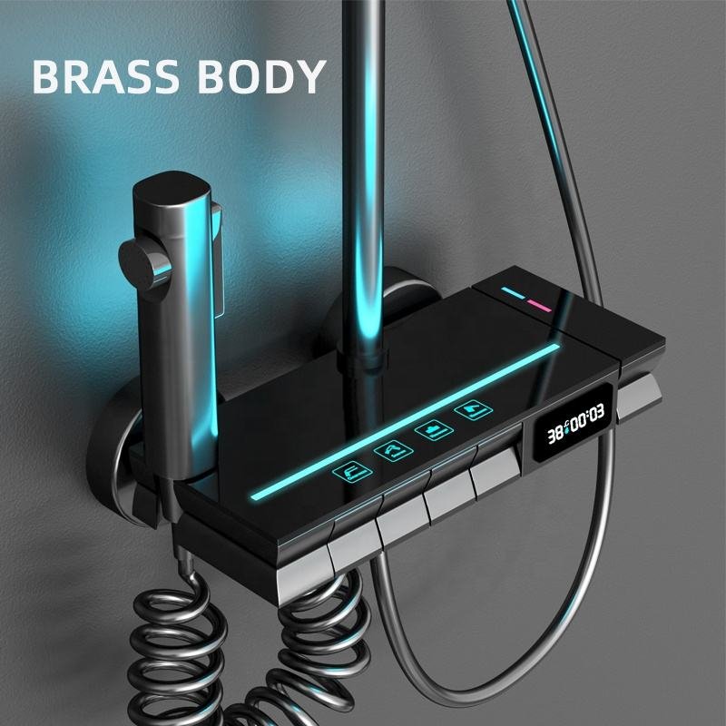 New Design Copper Exposed Shower Mixer LED Bathroom Thermostatic Shower Valve Piano Key Shower Sets