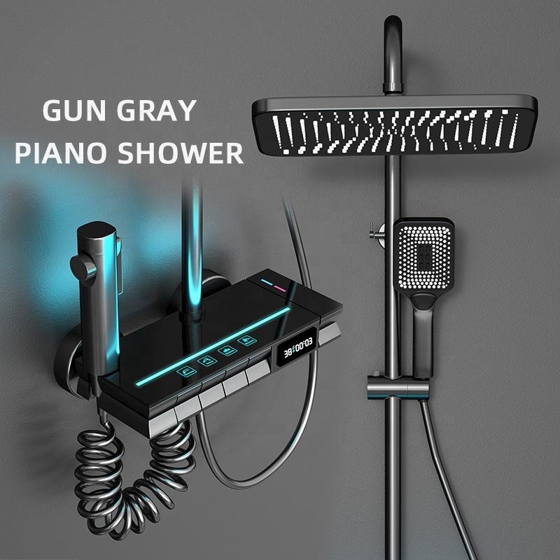 New Design Copper Exposed Shower Mixer LED Bathroom Thermostatic Shower Valve Piano Key Shower Sets