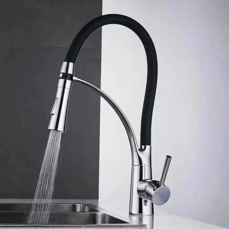 Modern High Quality Pull Kitchen Mixer Taps Black Silicon Neck Deck Mounted Single Handle Chromed Faucet Ceramic Valve Easy Sink
