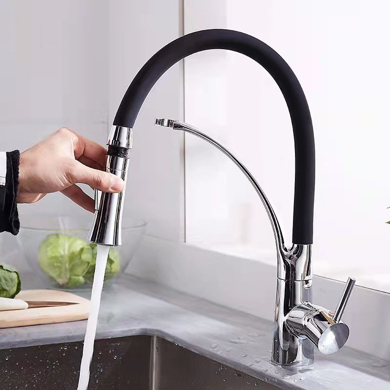 Modern High Quality Pull Kitchen Mixer Taps Black Silicon Neck Deck Mounted Single Handle Chromed Faucet Ceramic Valve Easy Sink