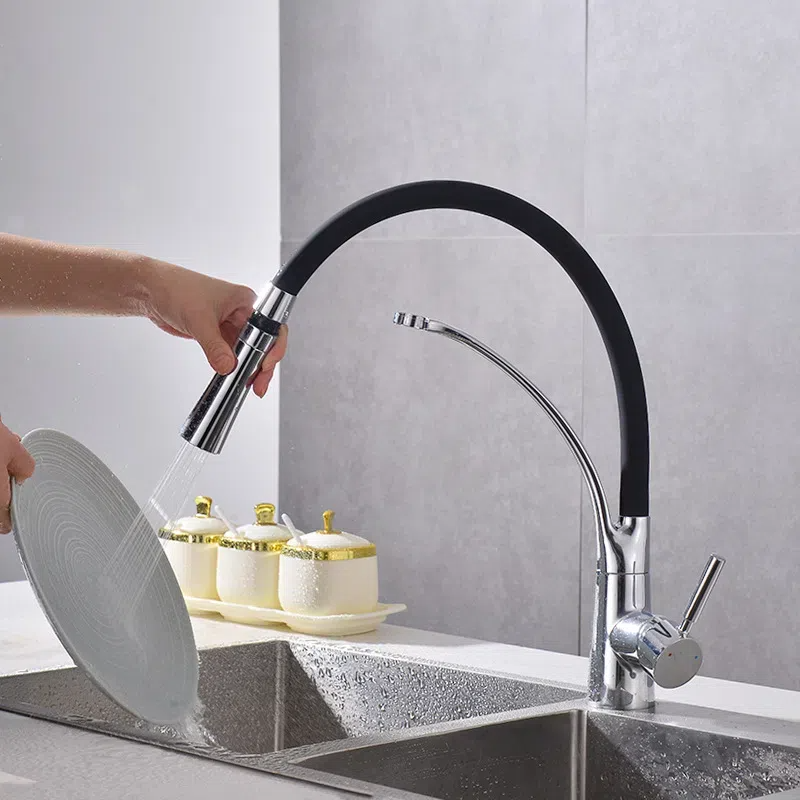 Modern High Quality Pull Kitchen Mixer Taps Black Silicon Neck Deck Mounted Single Handle Chromed Faucet Ceramic Valve Easy Sink