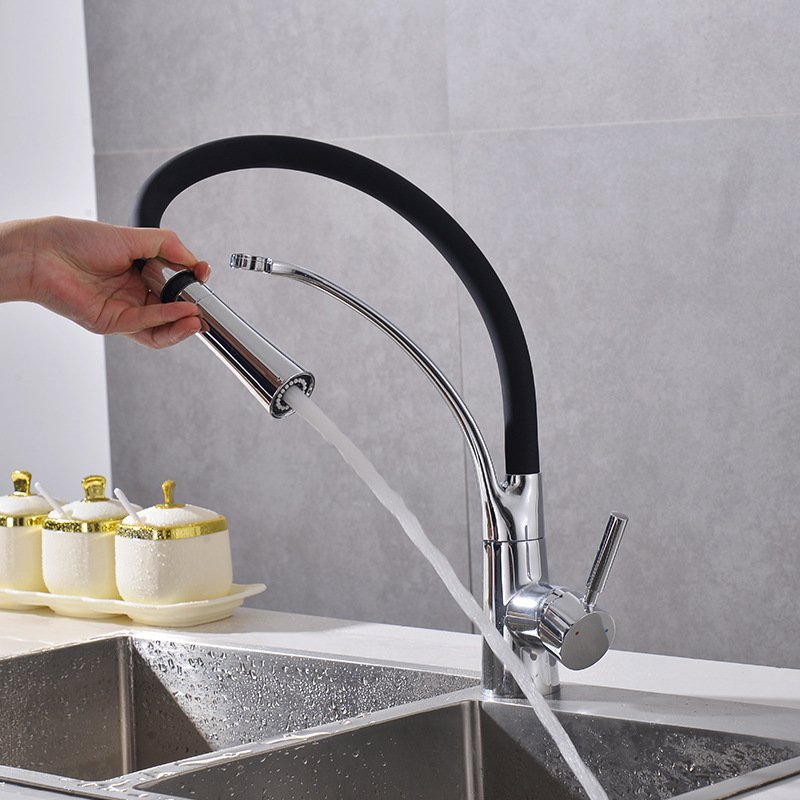 Modern High Quality Pull Kitchen Mixer Taps Black Silicon Neck Deck Mounted Single Handle Chromed Faucet Ceramic Valve Easy Sink