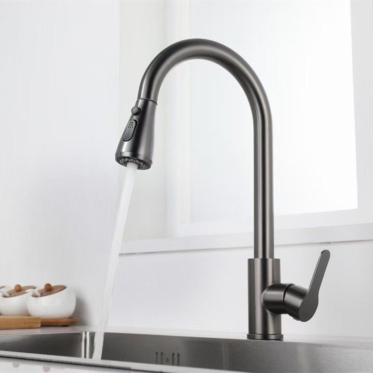 Modern Single-Handle Pull-Down Sprayer Kitchen Faucet 304 Stainless Steel Hot & Cold Gun Grey Ceramic Valve Core