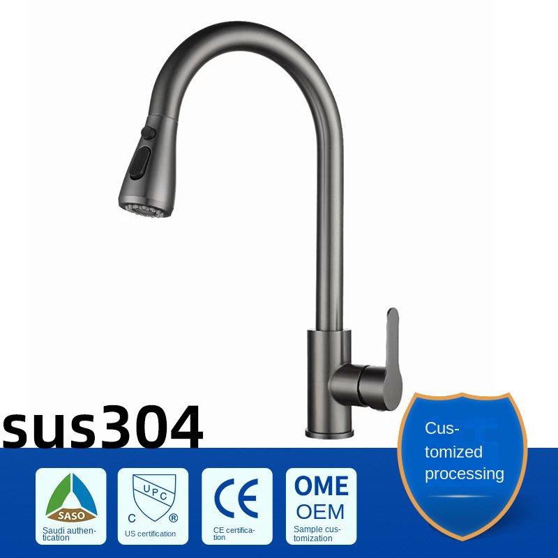 Modern Single-Handle Pull-Down Sprayer Kitchen Faucet 304 Stainless Steel Hot & Cold Gun Grey Ceramic Valve Core