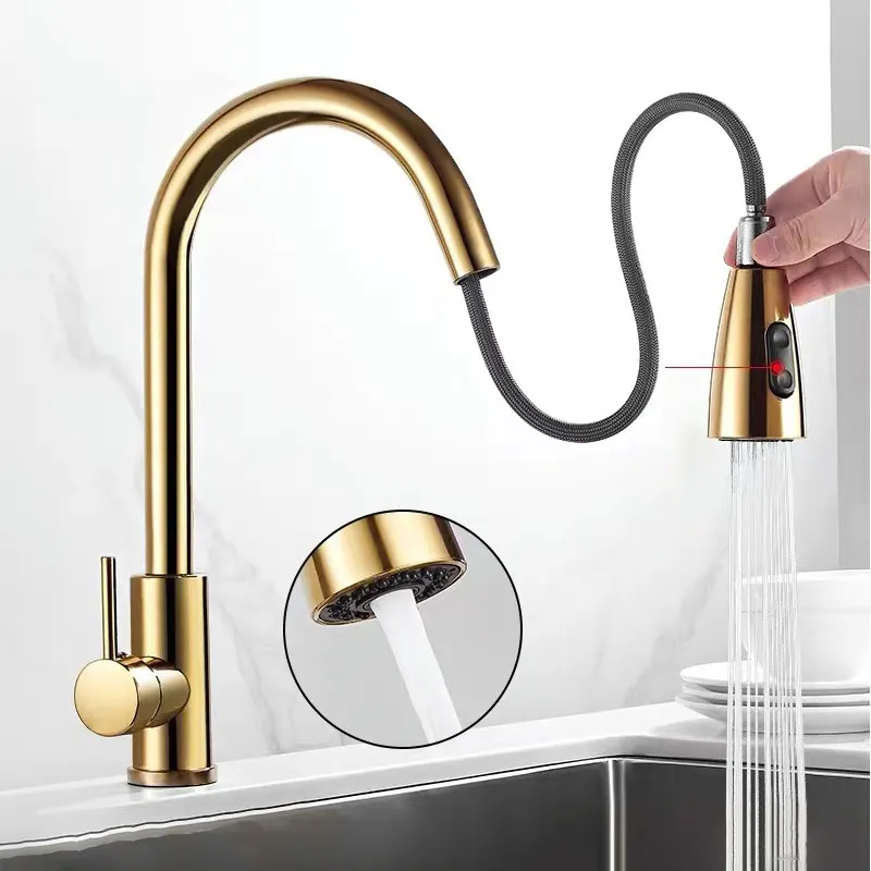 HUAGAO Modern 304 Stainless Steel Kitchen Mixer Tap Silver/Black/Gold Flexible Pull Sink Faucet Single Holes Cold Water Valve
