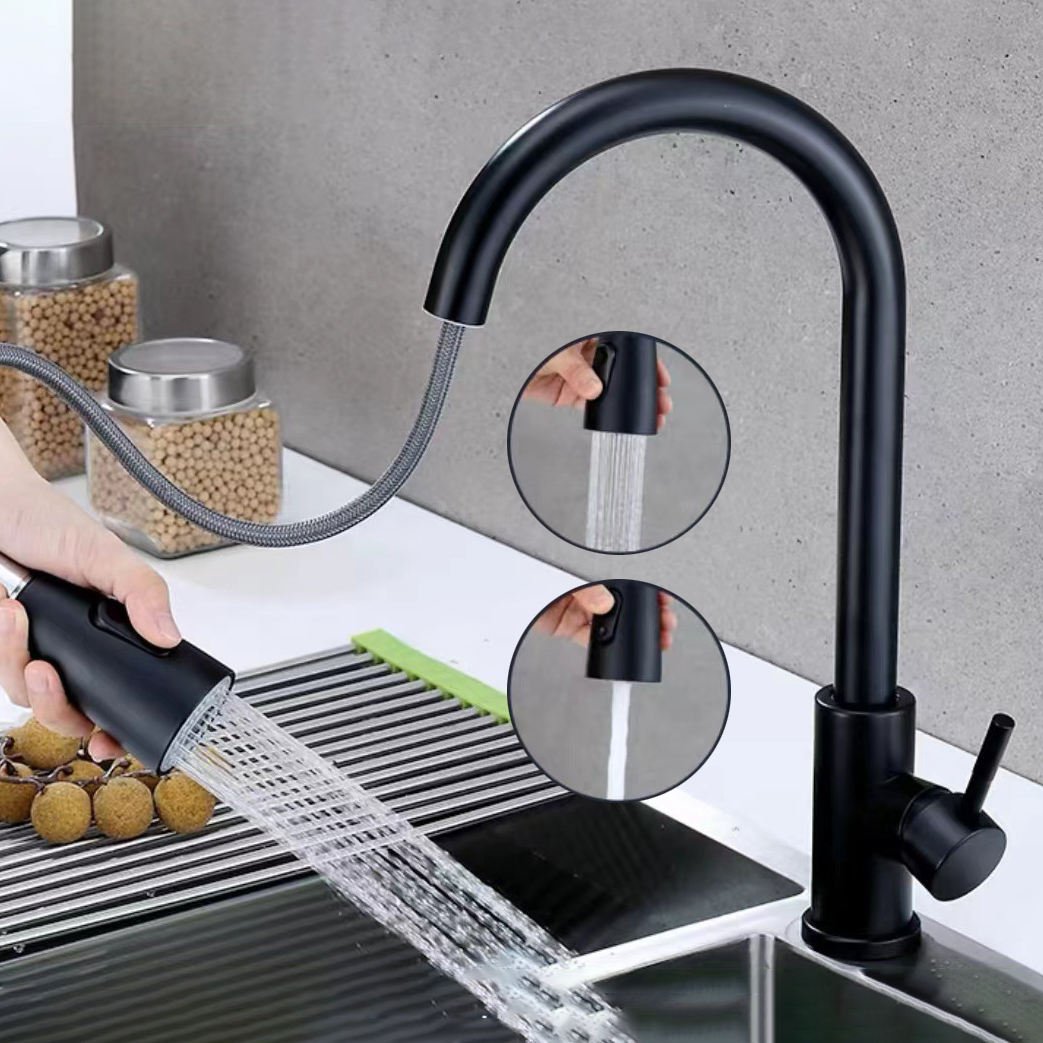 HUAGAO Modern 304 Stainless Steel Kitchen Mixer Tap Silver/Black/Gold Flexible Pull Sink Faucet Single Holes Cold Water Valve