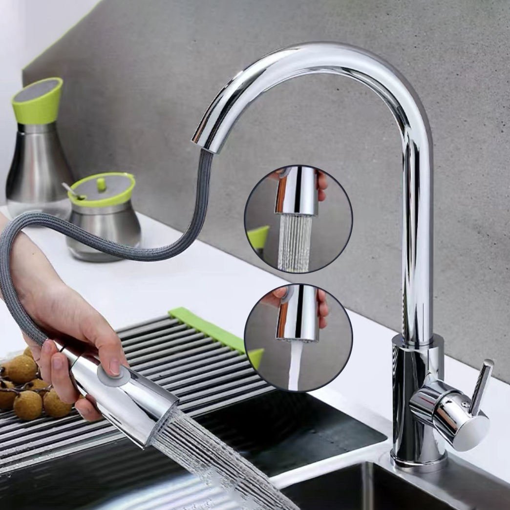 HUAGAO Modern 304 Stainless Steel Kitchen Mixer Tap Silver/Black/Gold Flexible Pull Sink Faucet Single Holes Cold Water Valve