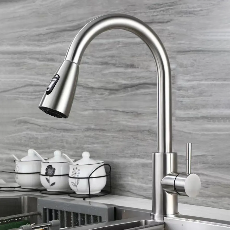 HUAGAO Modern 304 Stainless Steel Kitchen Mixer Tap Silver/Black/Gold Flexible Pull Sink Faucet Single Holes Cold Water Valve