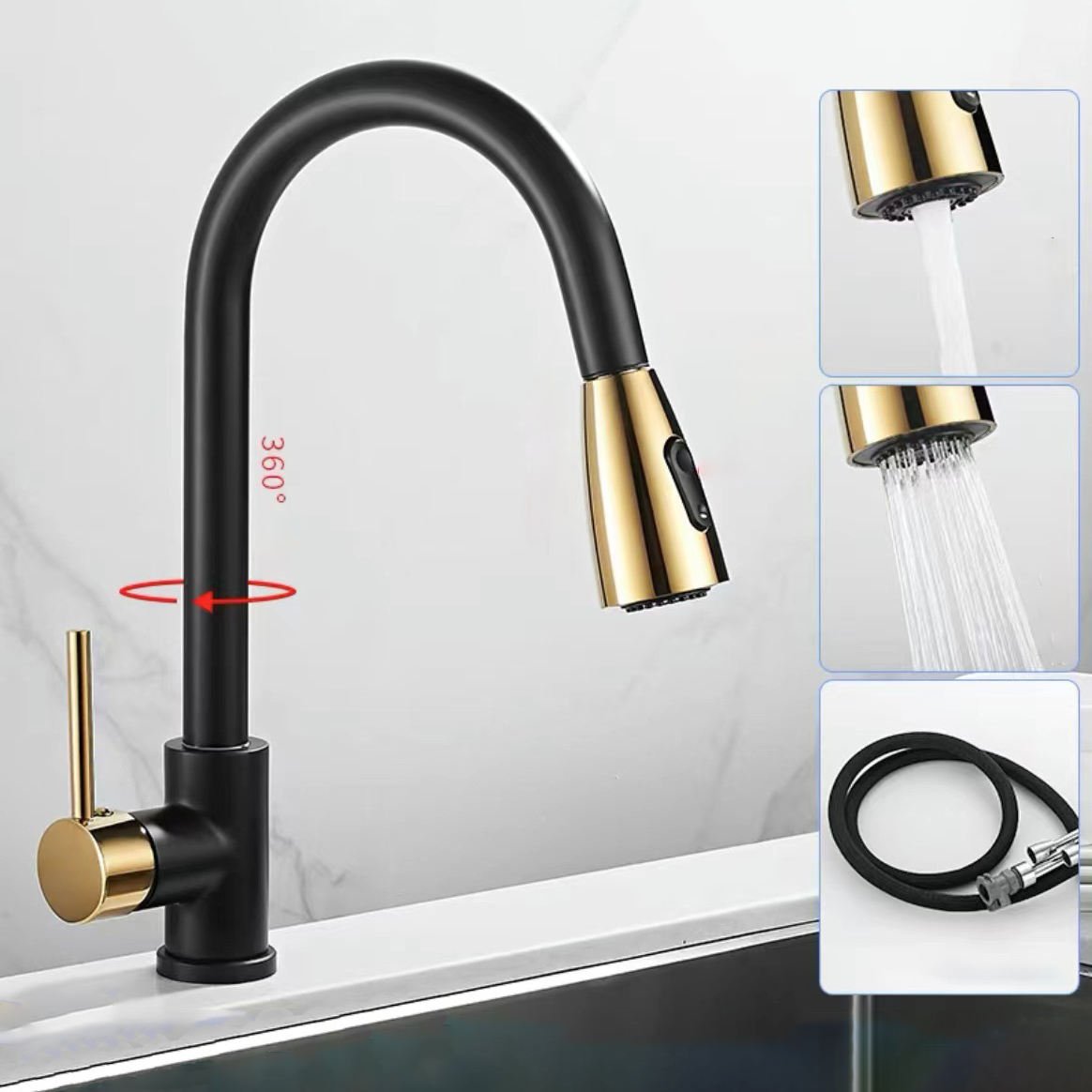 HUAGAO Modern 304 Stainless Steel Kitchen Mixer Tap Silver/Black/Gold Flexible Pull Sink Faucet Single Holes Cold Water Valve