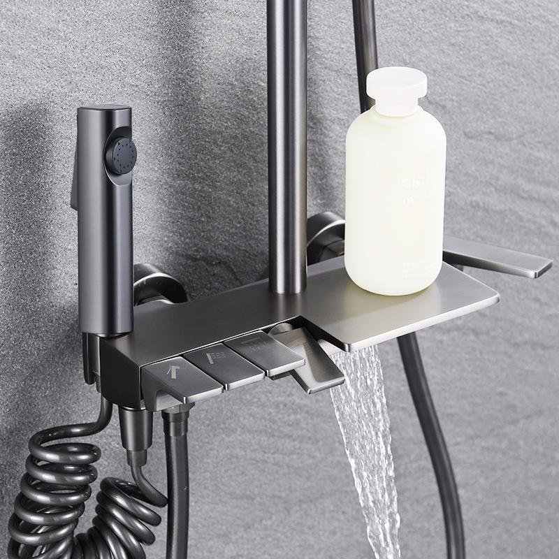 Copper piano button shower head home bathroom 4 function gun gray sprinkler