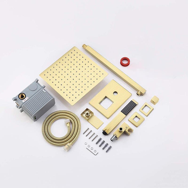 12-Inch Square Brushed Gold Shower Faucet Set Rain Handheld Wall Mounted Ceramic Valve Soft Jet Spray Patterns Hotel Bathrooms