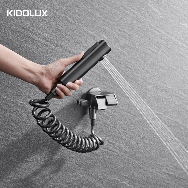 Kidolux Brush Grey Full Brass Spray Gun Double Control Independent Switch Washing Machine Water Distribution Valve Angle Valve