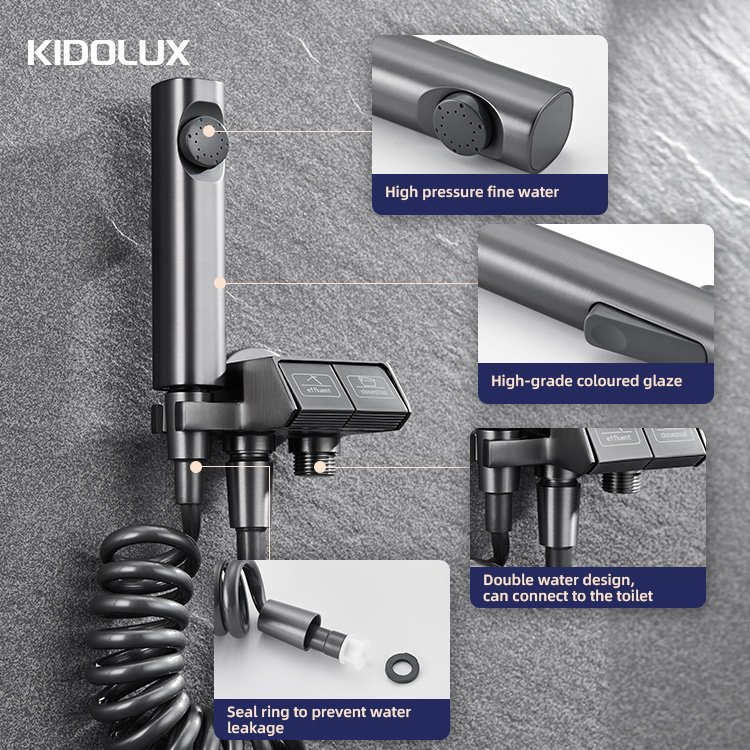 Kidolux Brush Grey Full Brass Spray Gun Double Control Independent Switch Washing Machine Water Distribution Valve Angle Valve