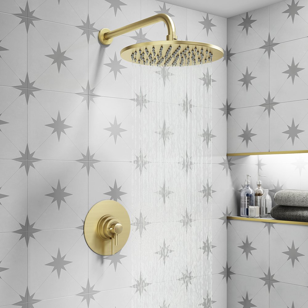 UK Style Modern Classical Brushed Wras Brass Dual Control Thermostatic Mixer Shower Valve Single Handle with Rain Spray Pattern