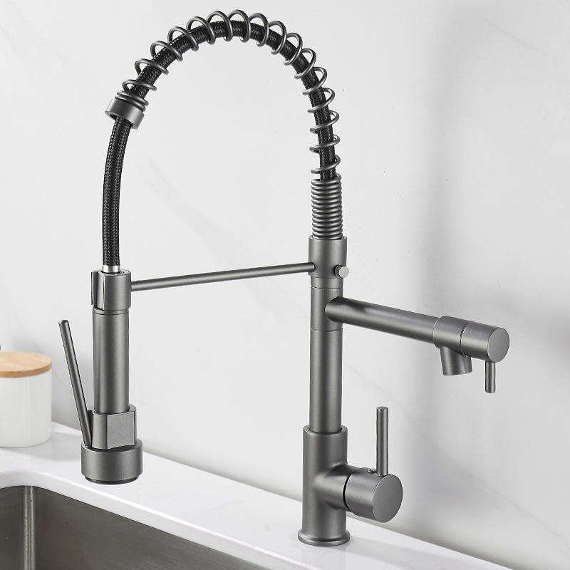 Modern Classic Kitchen Faucet Pull-Out Spring Sprayer with Dual Spout Brass Single Handle Kitchen Sink Taps Ceramic Valve Core