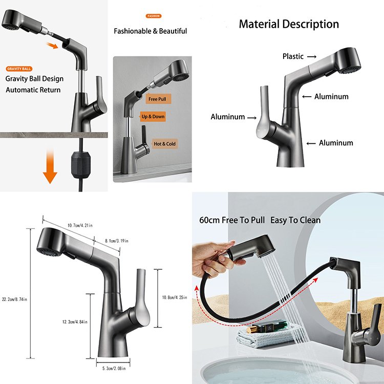 BM-3198G Modern Single-Hole Kitchen Sink Faucet Pull-Out Single-Handle Faucet with Ceramic Valve Core