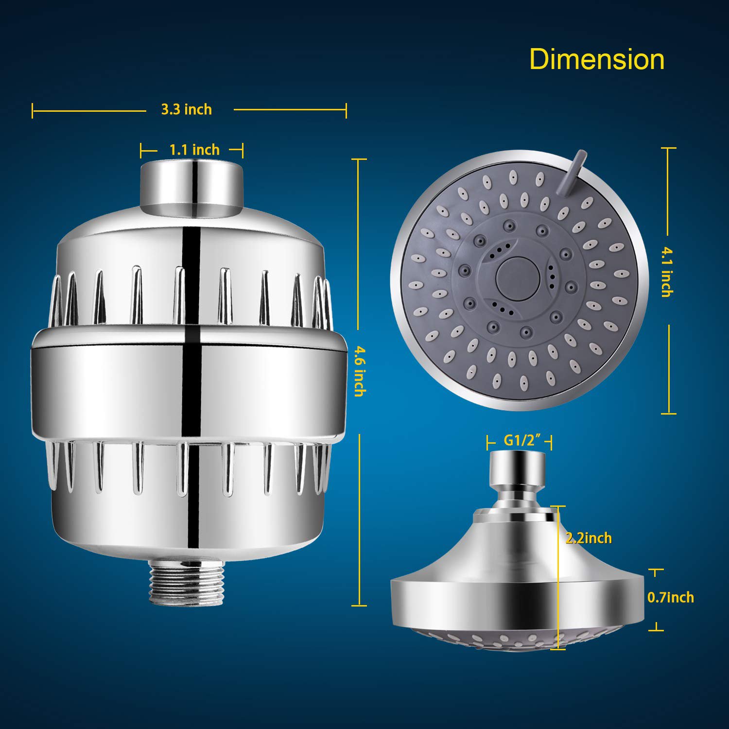 Aquacubic High Pressure 5 Spray Settings Filtered Showerhead with Water Softener Filter Cartridge