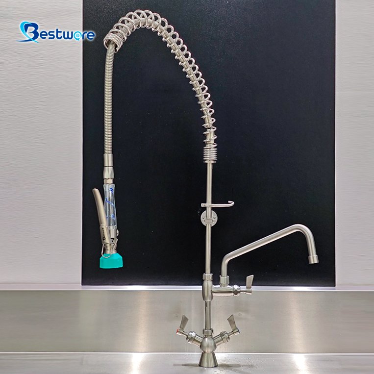 Commercial Kitchen Faucet Deck Mount Sprayer Mixer Robot Bar Pre Rinse Thermostatic Feature Stainless Steel Valve Deck Mount