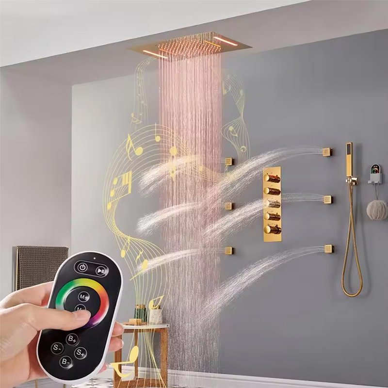 Large Size LED music Shower System Thermostatic Concealed Shower Mixer Rainfall Shower Set Brushed gold Faucet System