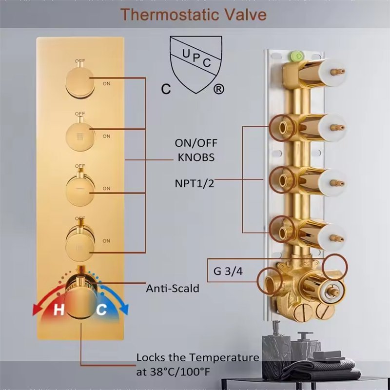Large Size LED music Shower System Thermostatic Concealed Shower Mixer Rainfall Shower Set Brushed gold Faucet System