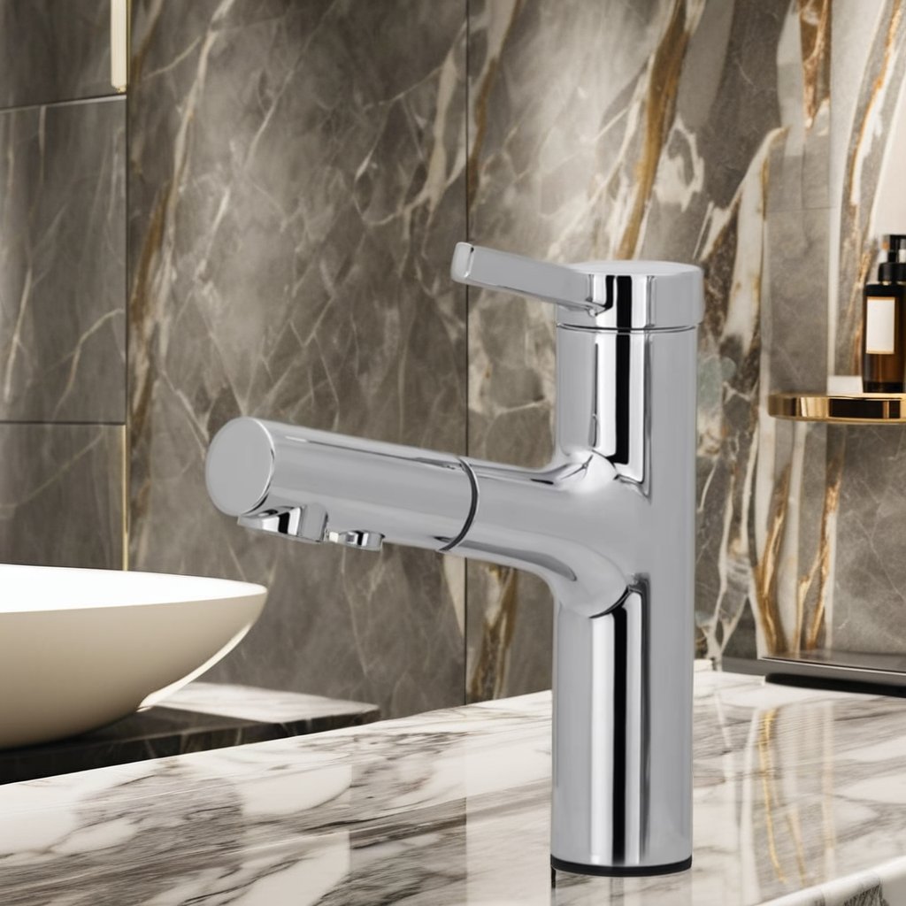 Modern Single-Handle Pull Tap Faucet for Bathroom Sink Zinc Alloy Brass Single-Hole Mount with Ceramic Valve Core Kitchen Use