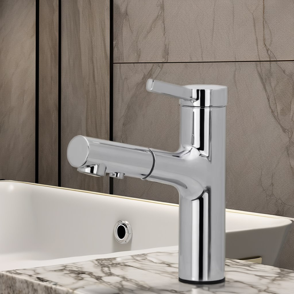 Modern Single-Handle Pull Tap Faucet for Bathroom Sink Zinc Alloy Brass Single-Hole Mount with Ceramic Valve Core Kitchen Use