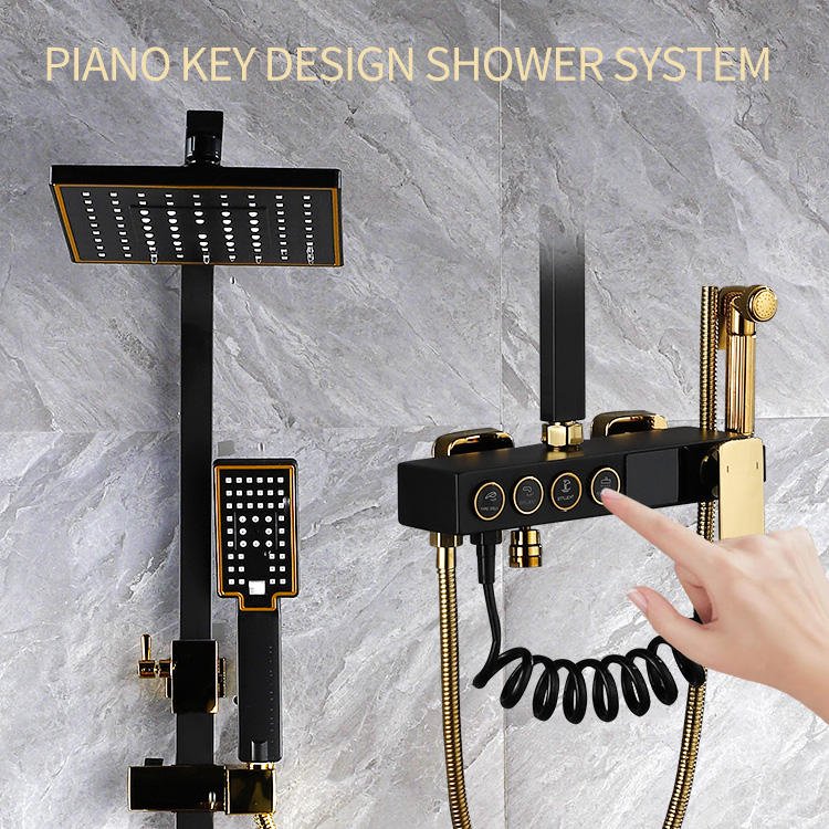 Rainfall Shower System Bathroom Brass Led Digital Faucet Set Bathtub 4 Way Pressurized Shower Full Set with Atmosphere Lamp