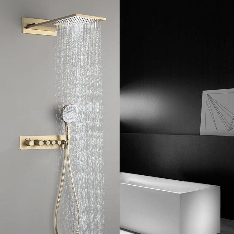 Golden Waterfall Multifunctional Hand-Held Shower Brass Wall Mounted with Polished Ceramic Valve Rain Jet Spray Patterns Hotels
