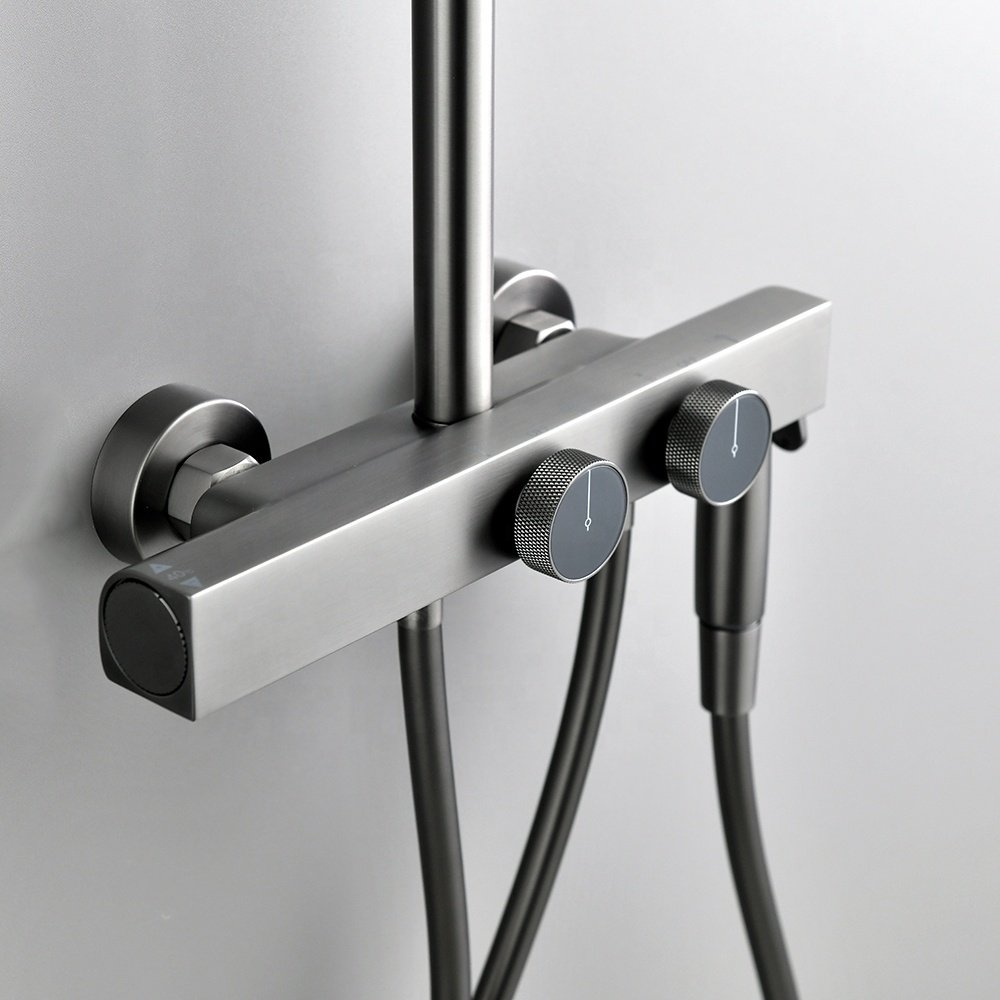 Popular brushed gun metal 4 way shower system with spray gun thermostatic shower mixer set