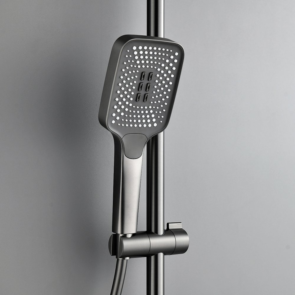 Popular brushed gun metal 4 way shower system with spray gun thermostatic shower mixer set