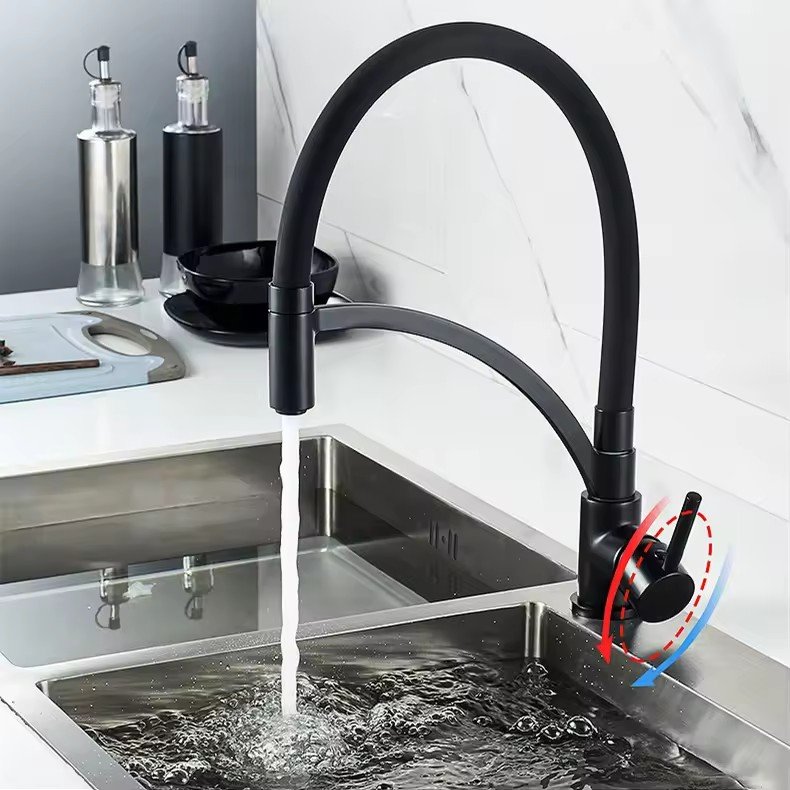 Modern 360 Swivel Black Brass Kitchen Faucet Pull-Down Pull-Out Two-Way Spray Hot Cold Water Mixer Tap Ceramic Valve Hotels Sink