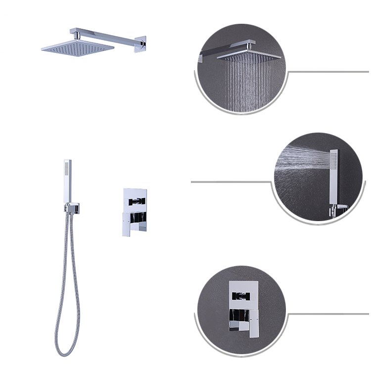 Polished Single Handle Brass Shower Head System Rainfall & Ceramic Mixer Combo Concealed Wall Mount for Hotels