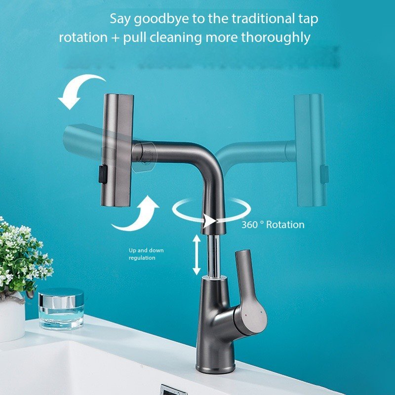 Modern Single-Hole Kitchen or Bathroom Basin Tap All-Copper Hot and Cold Lifting Tap with Ceramic Valve All Brass Material